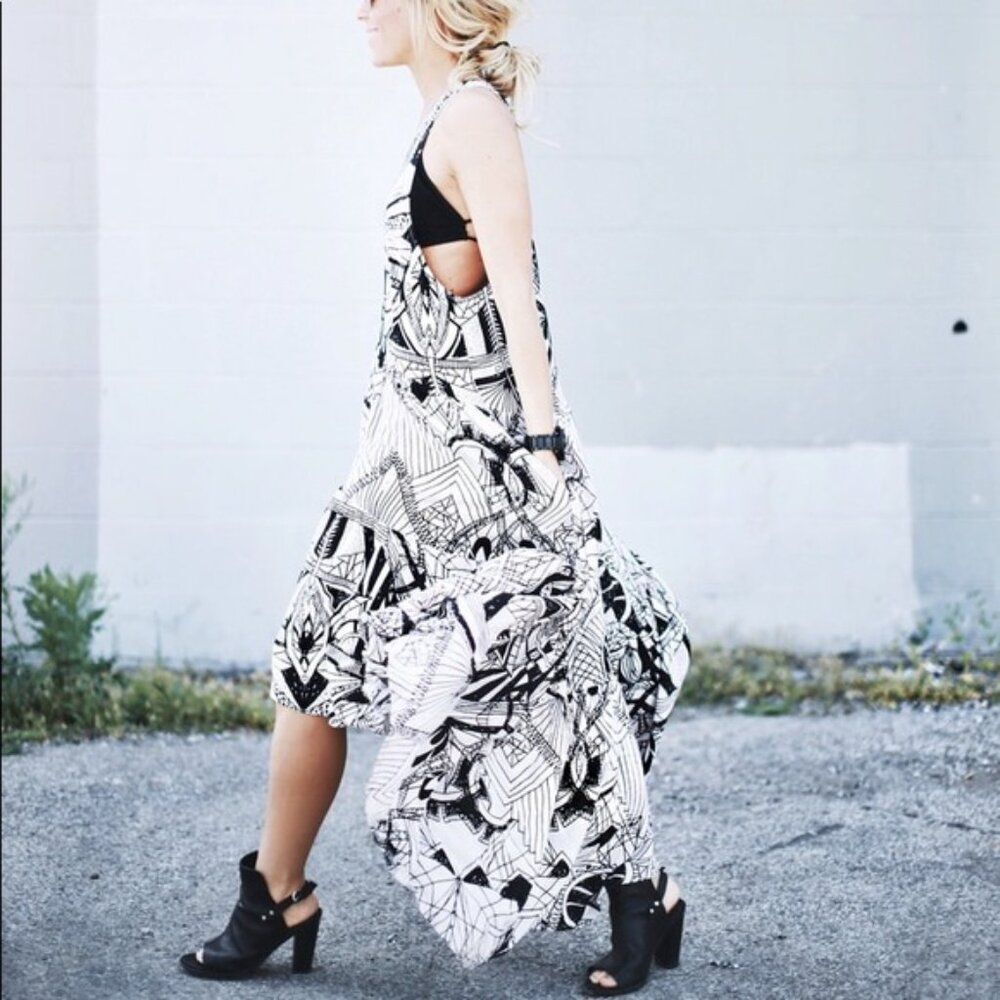 Free People La Mar Maxi Dress Long Flowy Batik Print Black & Cream Size Small